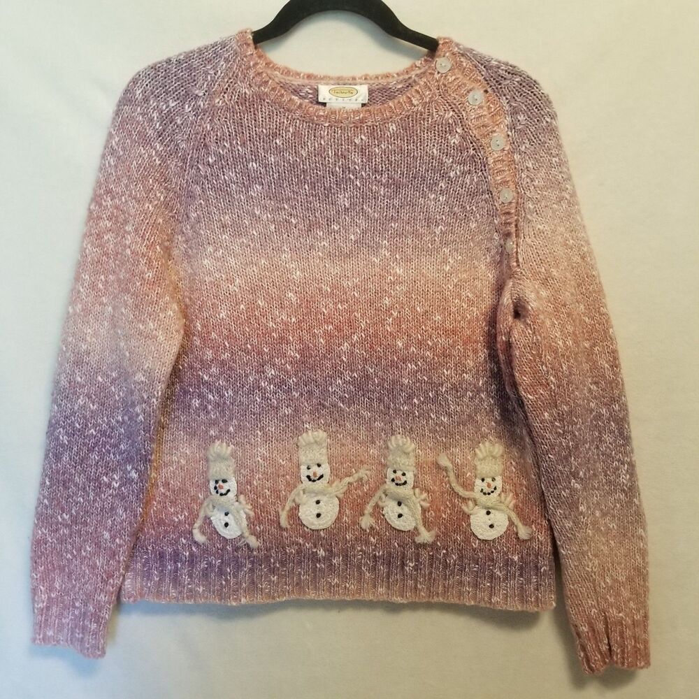 Talbots Petite MP Sweater Purple Pink Winter Holidays Snowman Fun Vintage Cozy